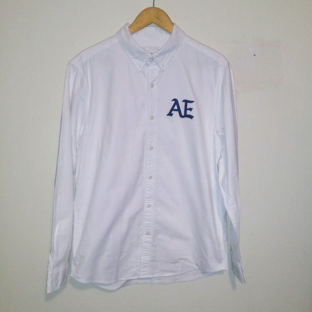 American Eagle Embroidered Logo Button Down Shirt-Large-Oxford-White-Navy - Picture 2 of 10